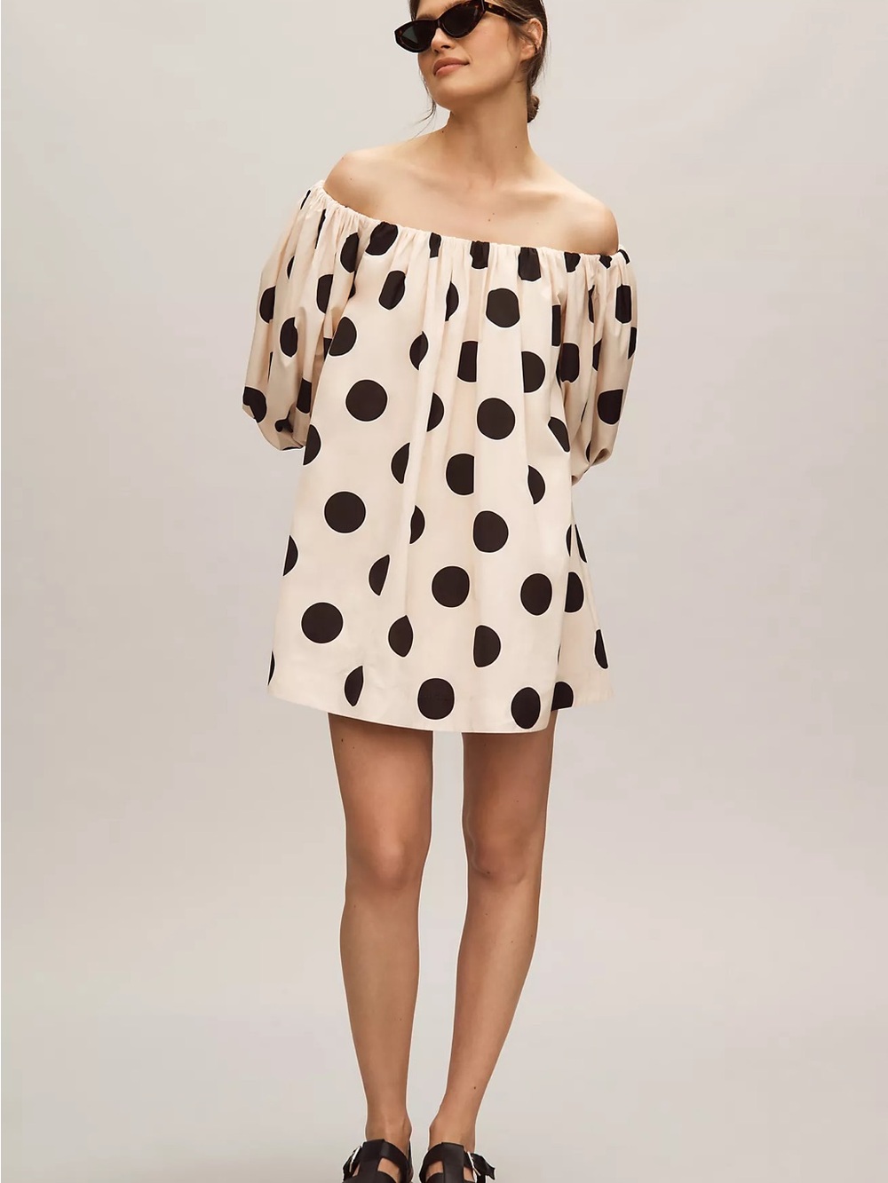 Mare Mare Off-Shoulder Polka Dot Mini Dress in Cream and Black